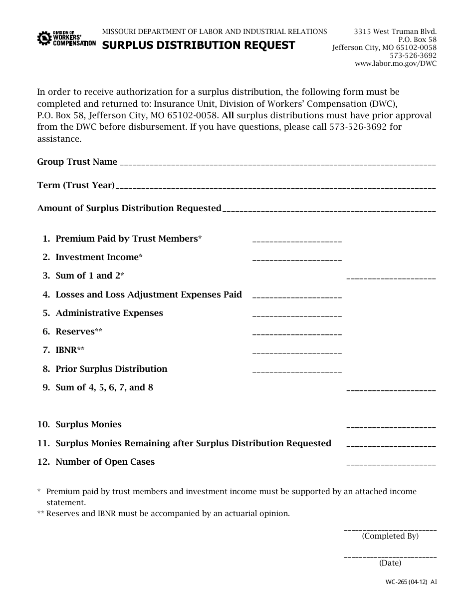 Form WC-265 Surplus Distribution Request - Missouri, Page 1