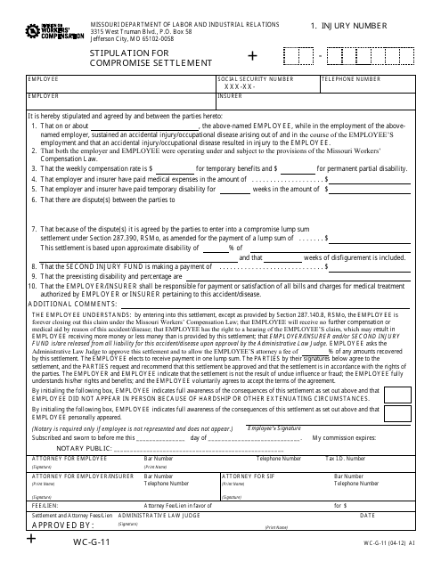 Form WC-G-11 Stipulation for Compromise Settlement - Missouri