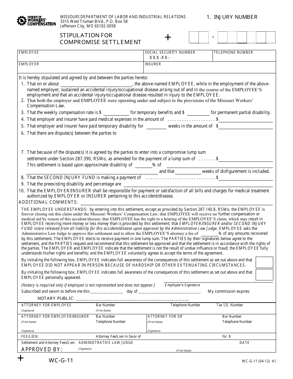 Form WC-G-11 Stipulation for Compromise Settlement - Missouri, Page 1