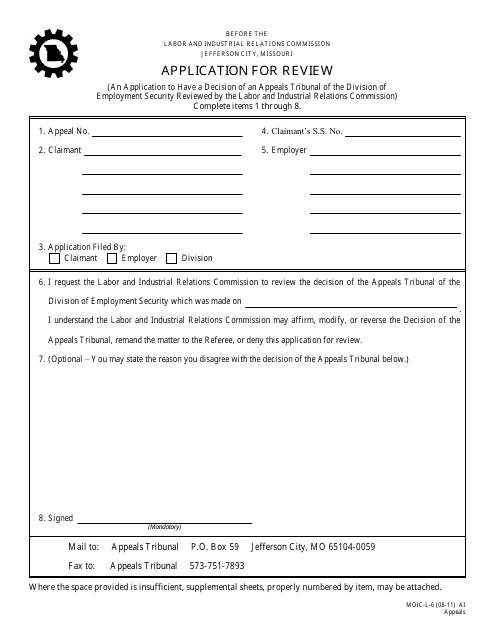Form MOIC-L-6 Application for Review - Missouri