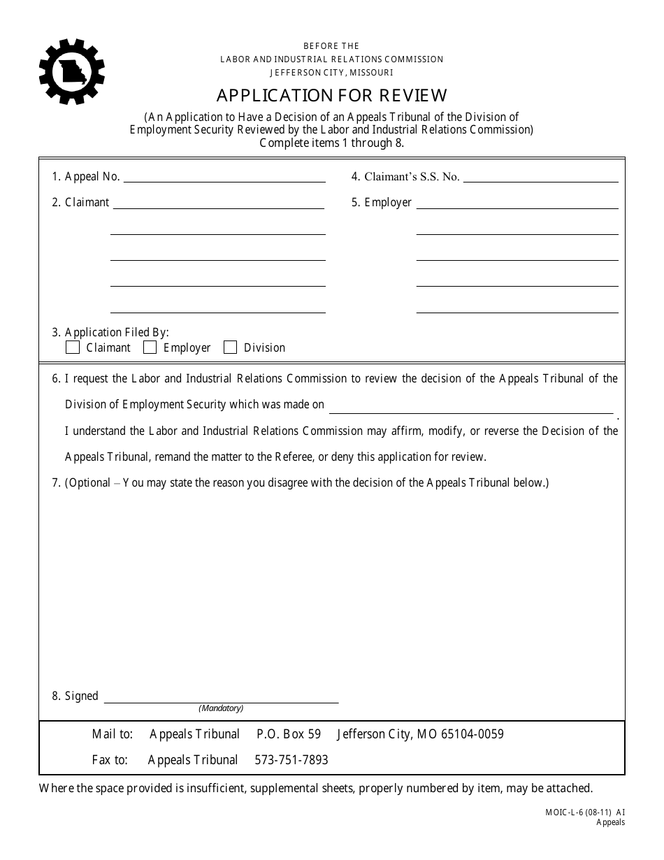 Form MOIC-L-6 Application for Review - Missouri, Page 1