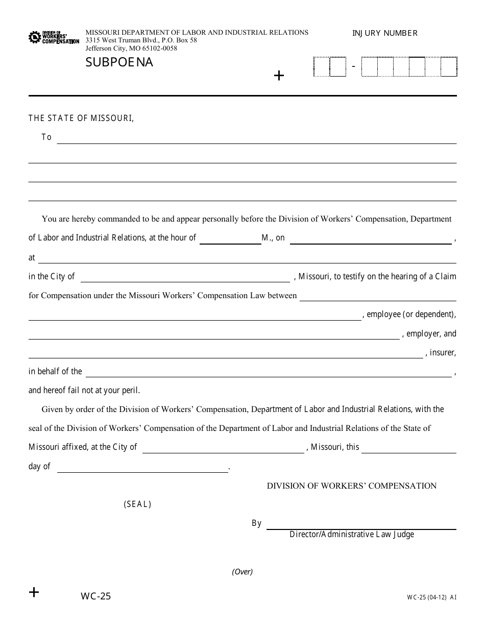 Form WC-25 Subpoena - Missouri, Page 1