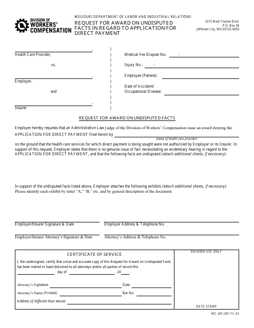 Form WC-201 Request for Award on Undisputed Facts in Regard to Application for Direct Payment - Missouri