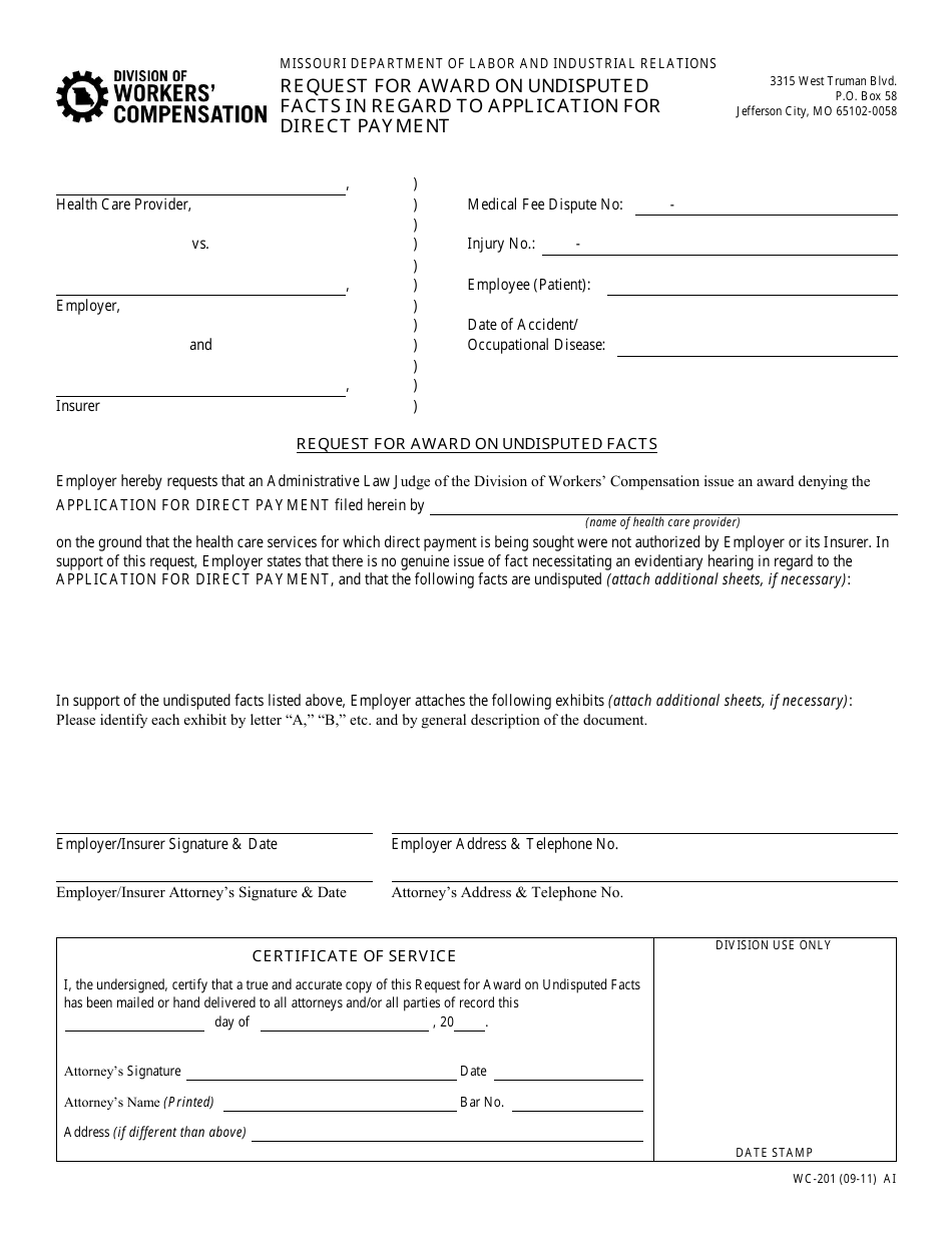 Form WC-201 Request for Award on Undisputed Facts in Regard to Application for Direct Payment - Missouri, Page 1