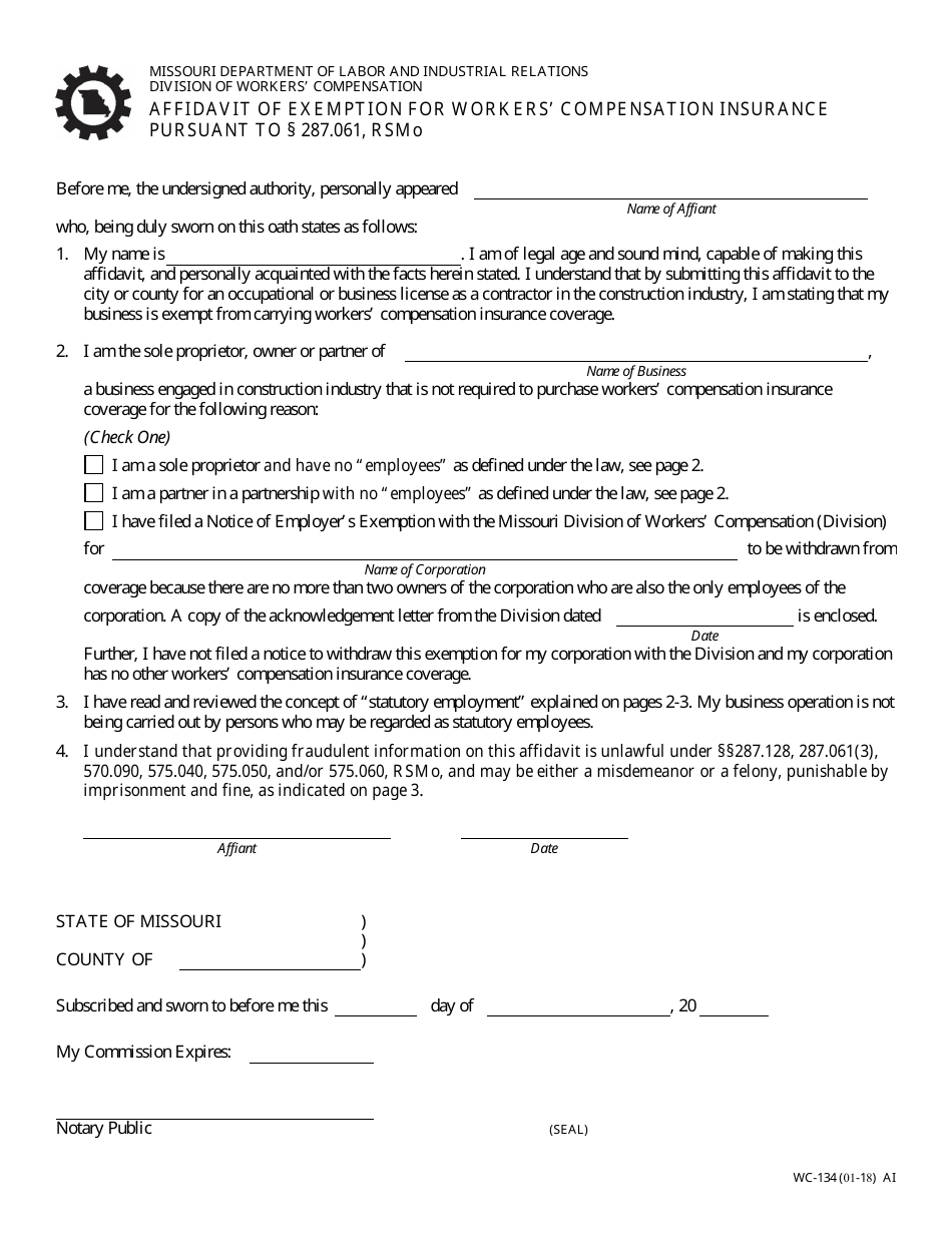 Form Wc-134 - Fill Out, Sign Online And Download Fillable Pdf, Missouri 