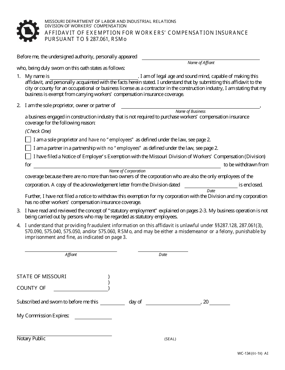 Form WC-134 Affidavit of Exemption for Workers Compensation Insurance Pursuant to Section 287.061, Rsmo - Missouri, Page 1