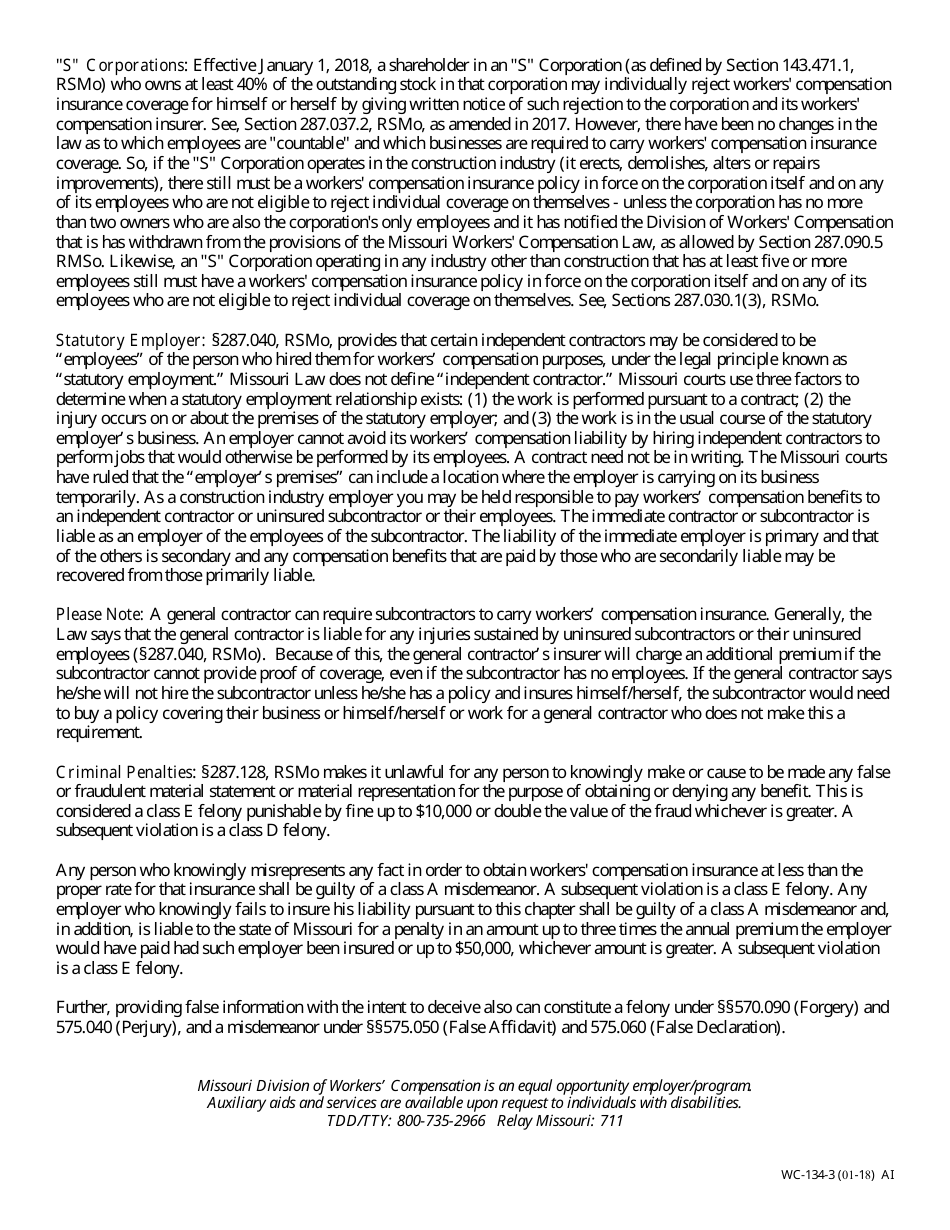 Form WC-134 Affidavit of Exemption for Workers Compensation Insurance Pursuant to Section 287.061, Rsmo - Missouri, Page 3