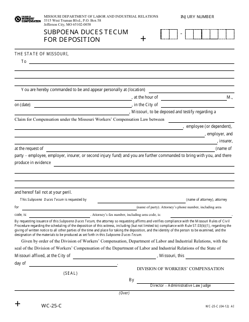 Form WC-25-C Subpoena Duces Tecum for Deposition - Missouri