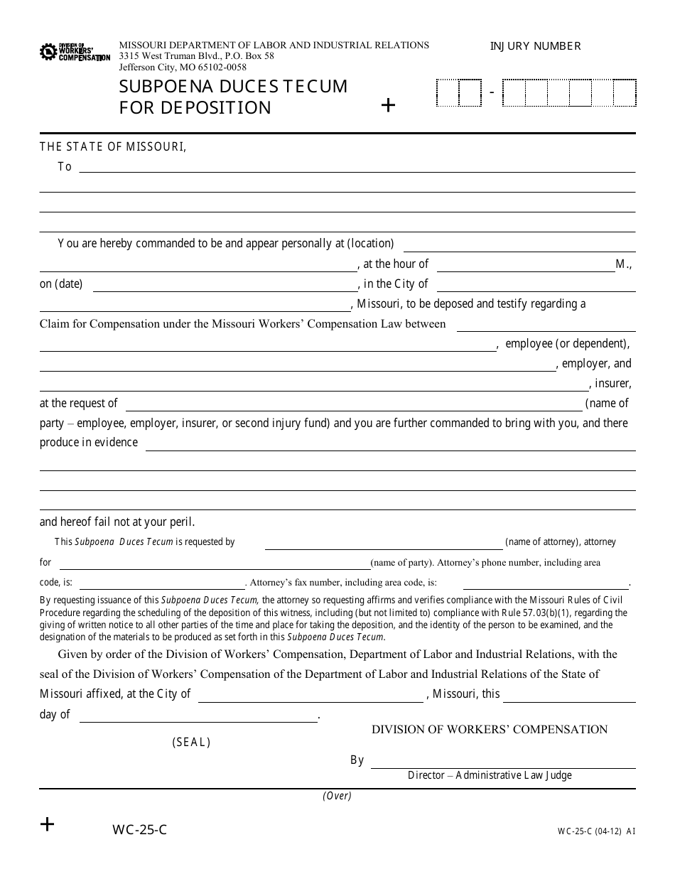 Form WC-25-C Subpoena Duces Tecum for Deposition - Missouri, Page 1