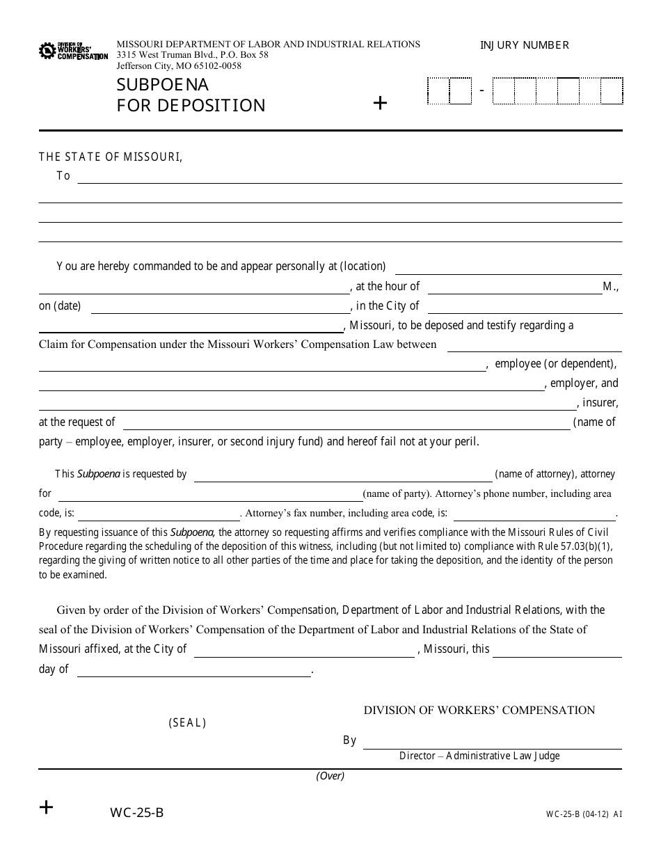 Form WC-25-B Subpoena for Deposition - Missouri, Page 1