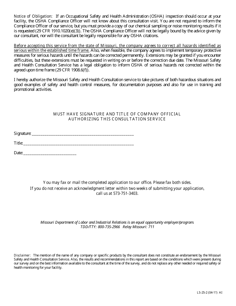 Form LS-25 Application for Consultation Service - Missouri, Page 2