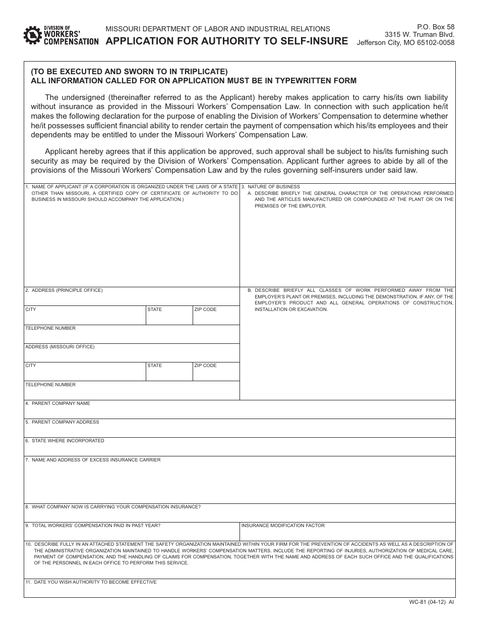 Form WC-81 Application for Authority to Self-insure - Missouri, Page 1