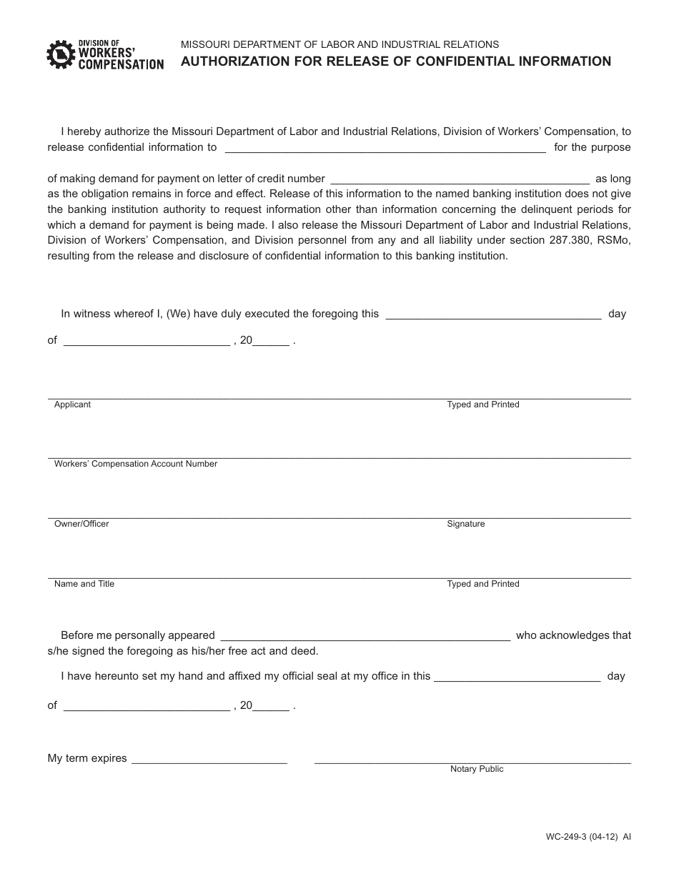 Form WC-249-3 Authorization for Release of Confidential Information - Missouri, Page 1