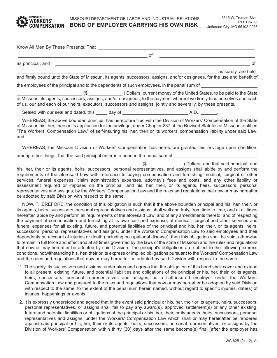 Form WC-82B Bond of Employer Carrying His Own Risk - Missouri, Page 1