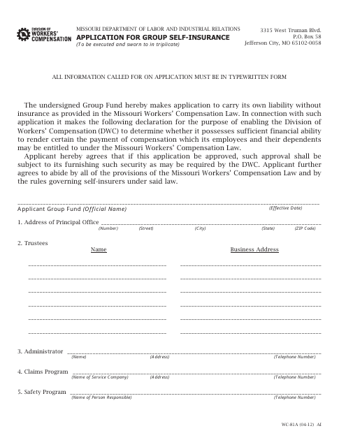 Form WC-81A Application for Group Self-insurance - Missouri