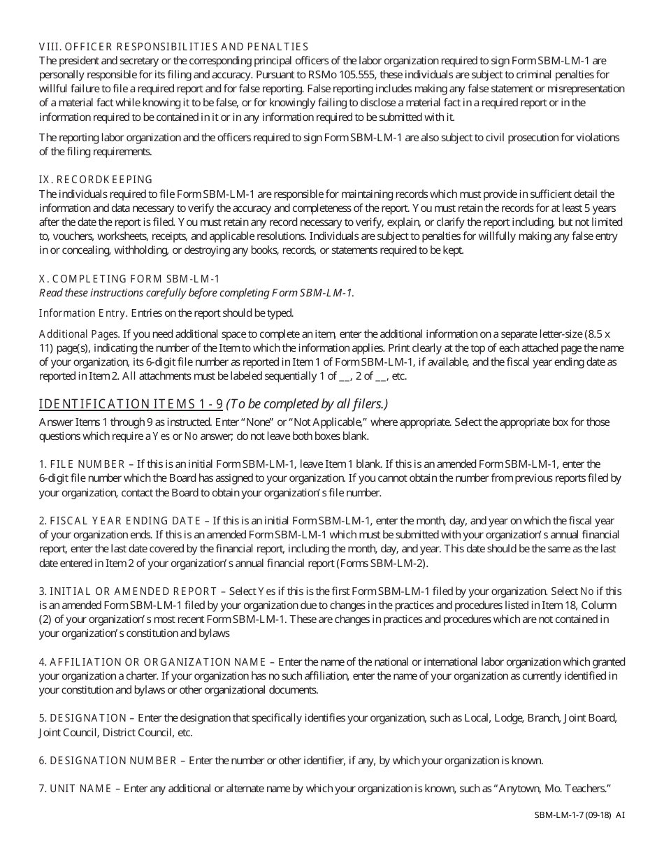 Instructions for Form SBM-LM-1 Labor Organization Information Report - Missouri, Page 2
