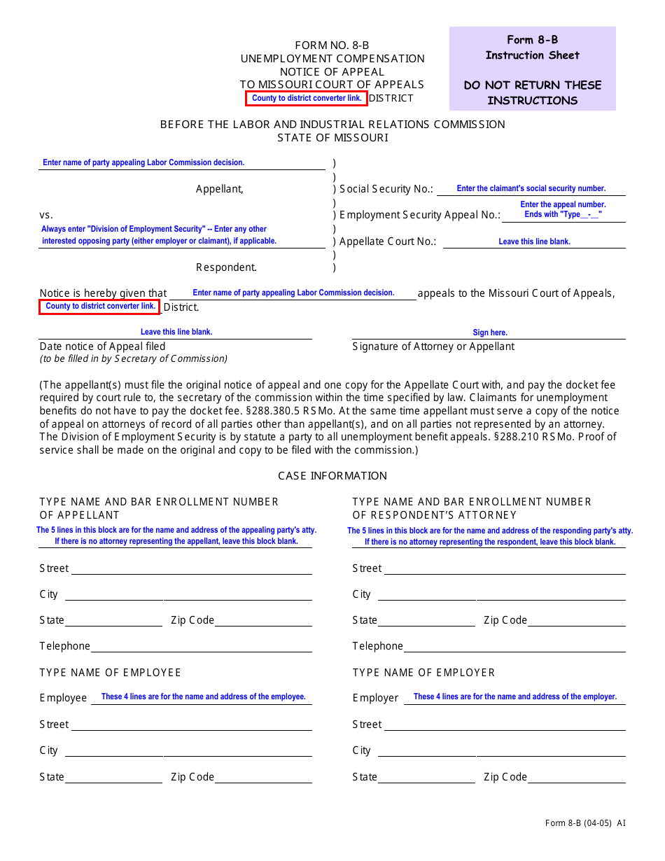 Instructions for Form 8-B Unemployment Compensation Notice of Appeal - Missouri, Page 1