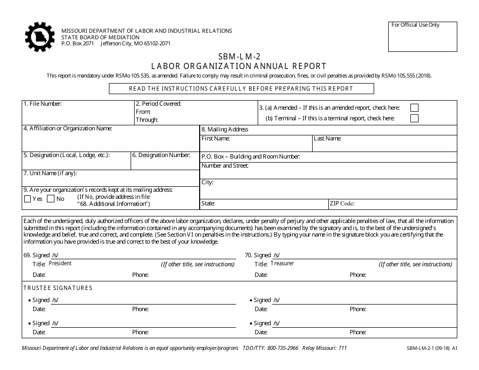 Form SBM-LM-2 Labor Organization Annual Report - Missouri, Page 1