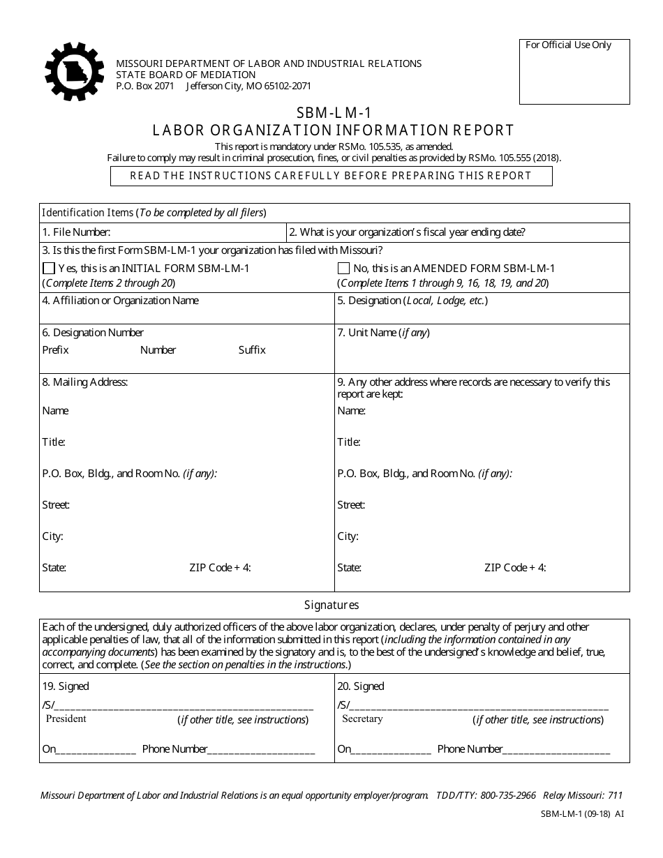 Form SBM-LM-1 Labor Organization Information Report - Missouri, Page 1