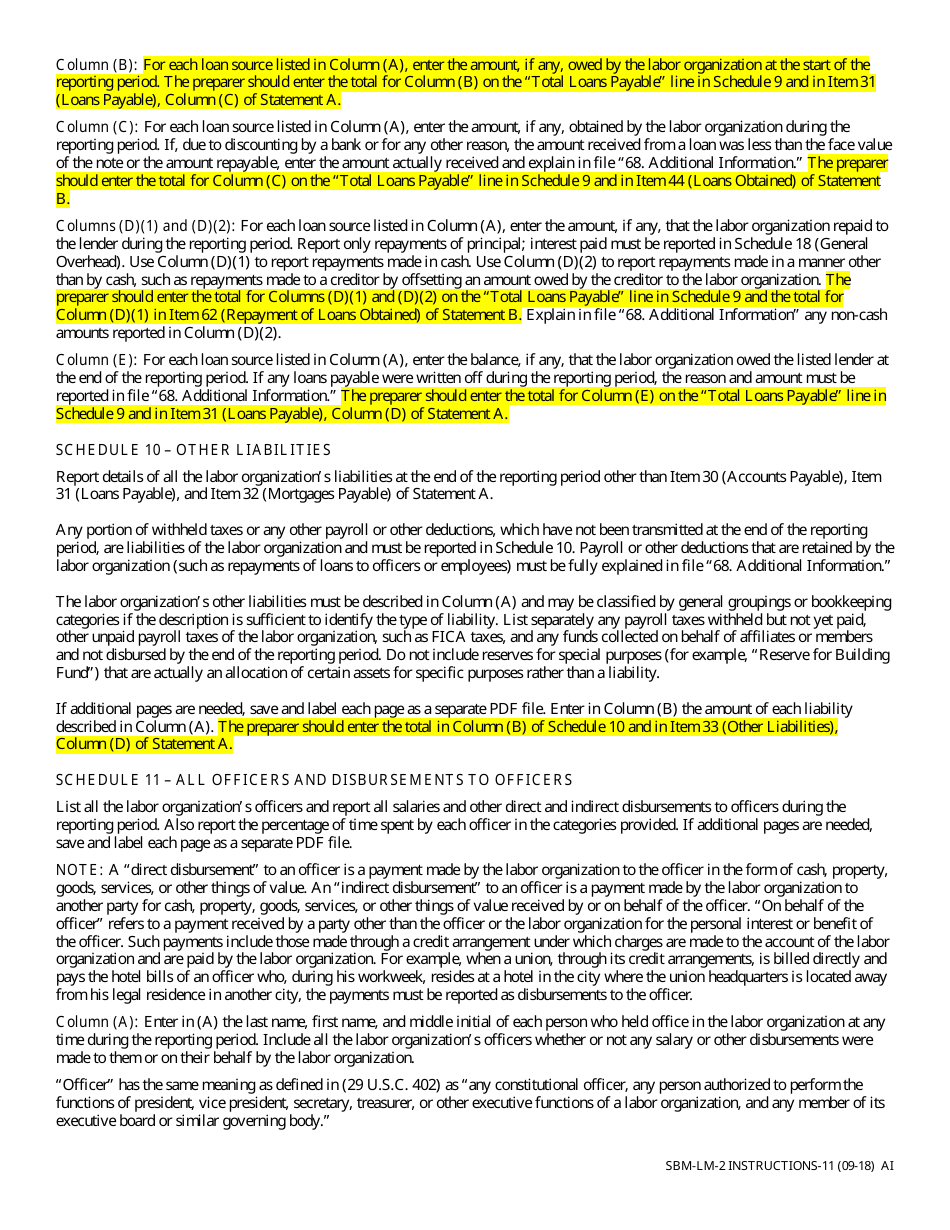 Instructions for Form SBM-LM-2 Labor Organization Annual Report - Missouri, Page 11
