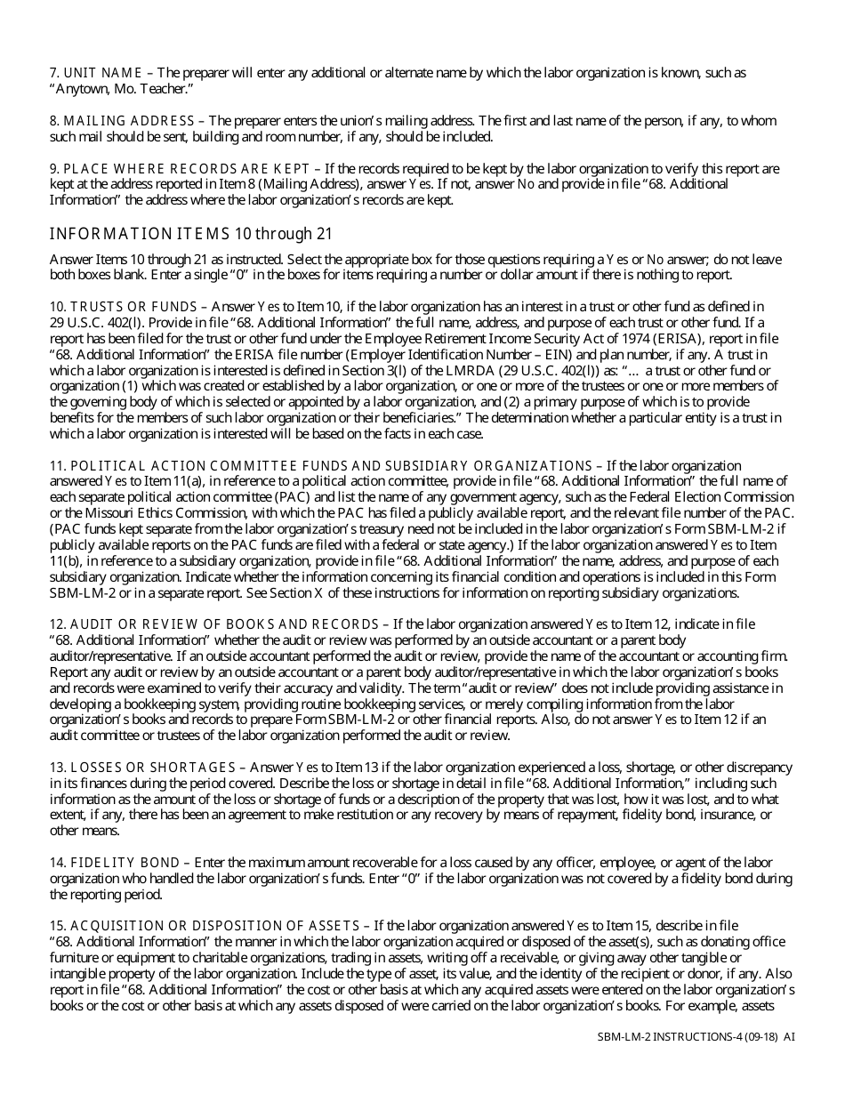 Instructions for Form SBM-LM-2 Labor Organization Annual Report - Missouri, Page 4