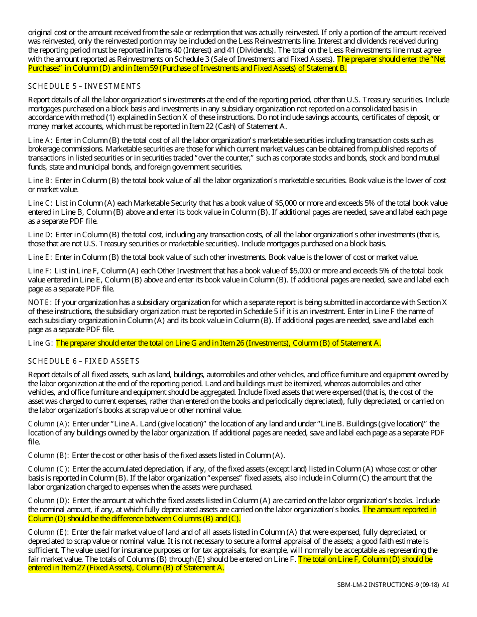 Instructions for Form SBM-LM-2 Labor Organization Annual Report - Missouri, Page 9