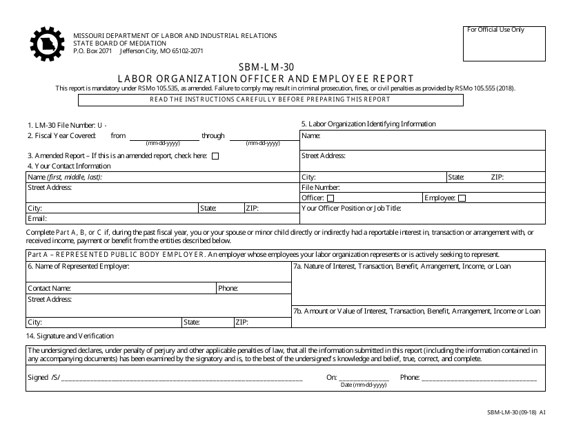 Form SBM-LM-30 Labor Organization Officer and Employee Report - Missouri