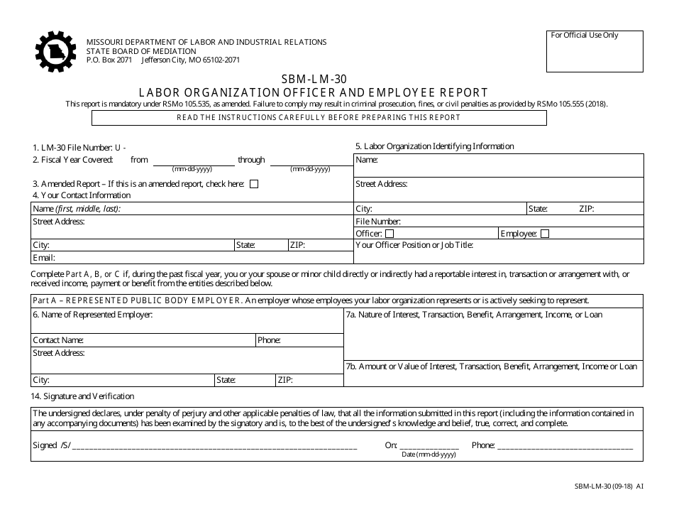 Form SBM-LM-30 Labor Organization Officer and Employee Report - Missouri, Page 1