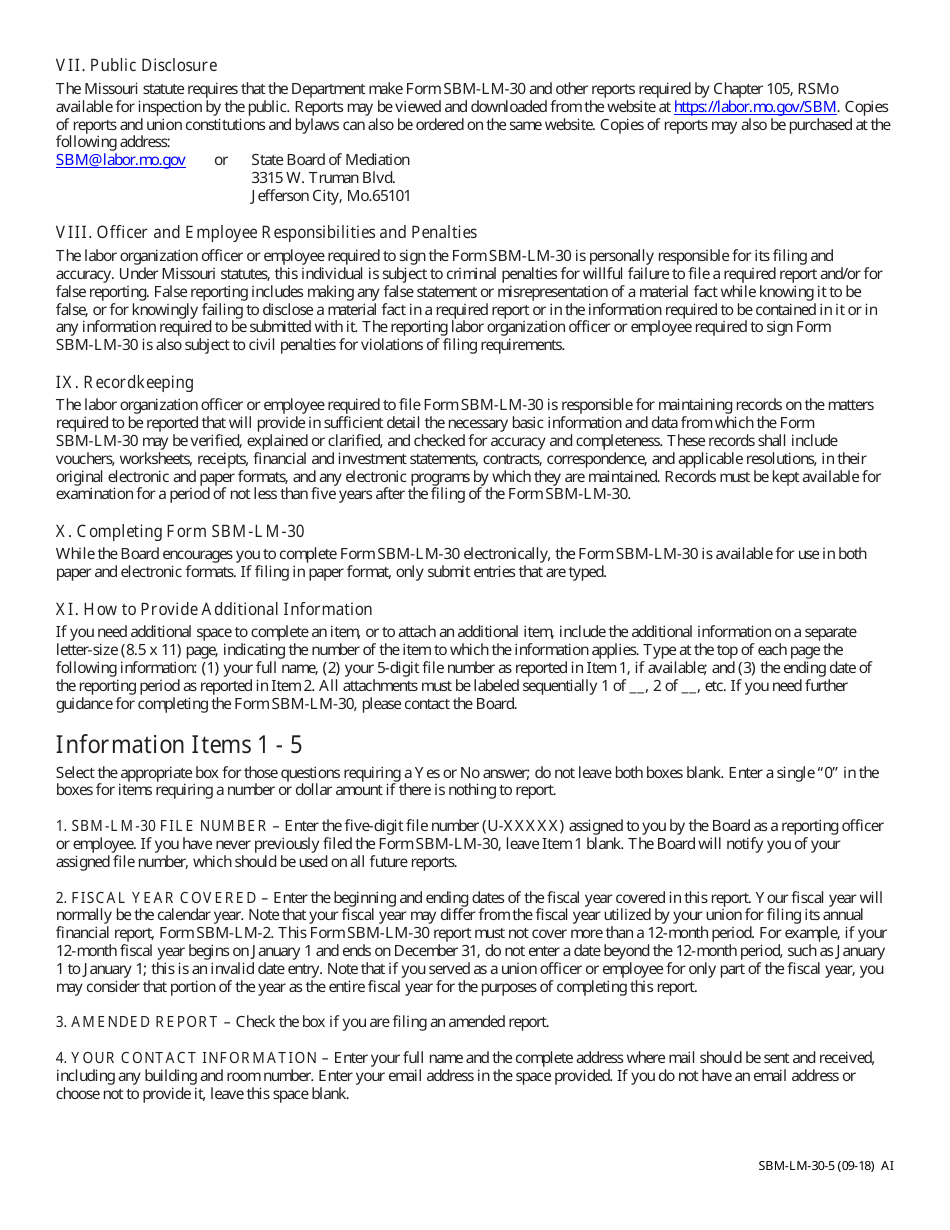 Form SBM-LM-30 Labor Organization Officer and Employee Report - Missouri, Page 5