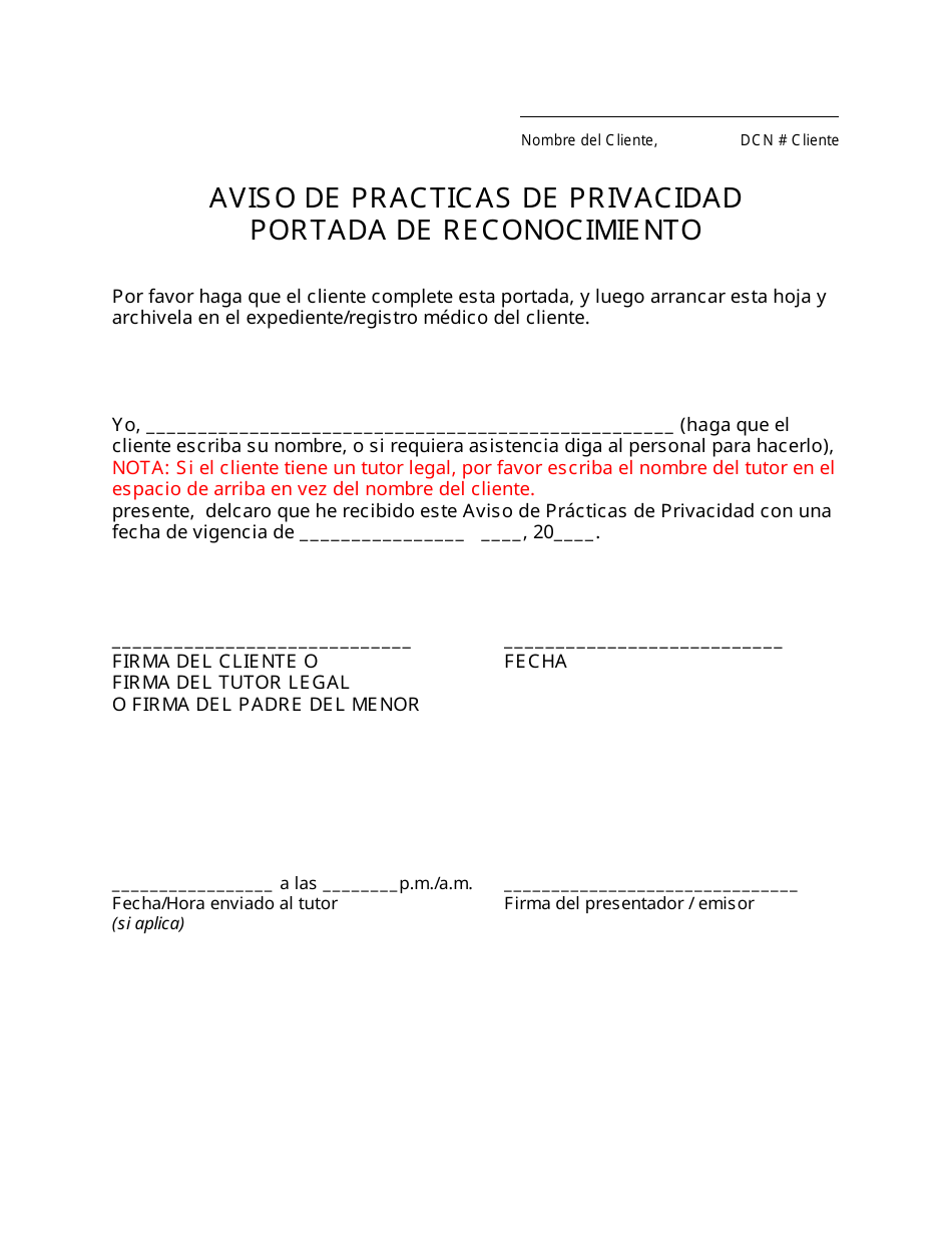 Aviso De Practicas De Privacidad Portada De Reconocimiento - Missouri (Spanish), Page 1