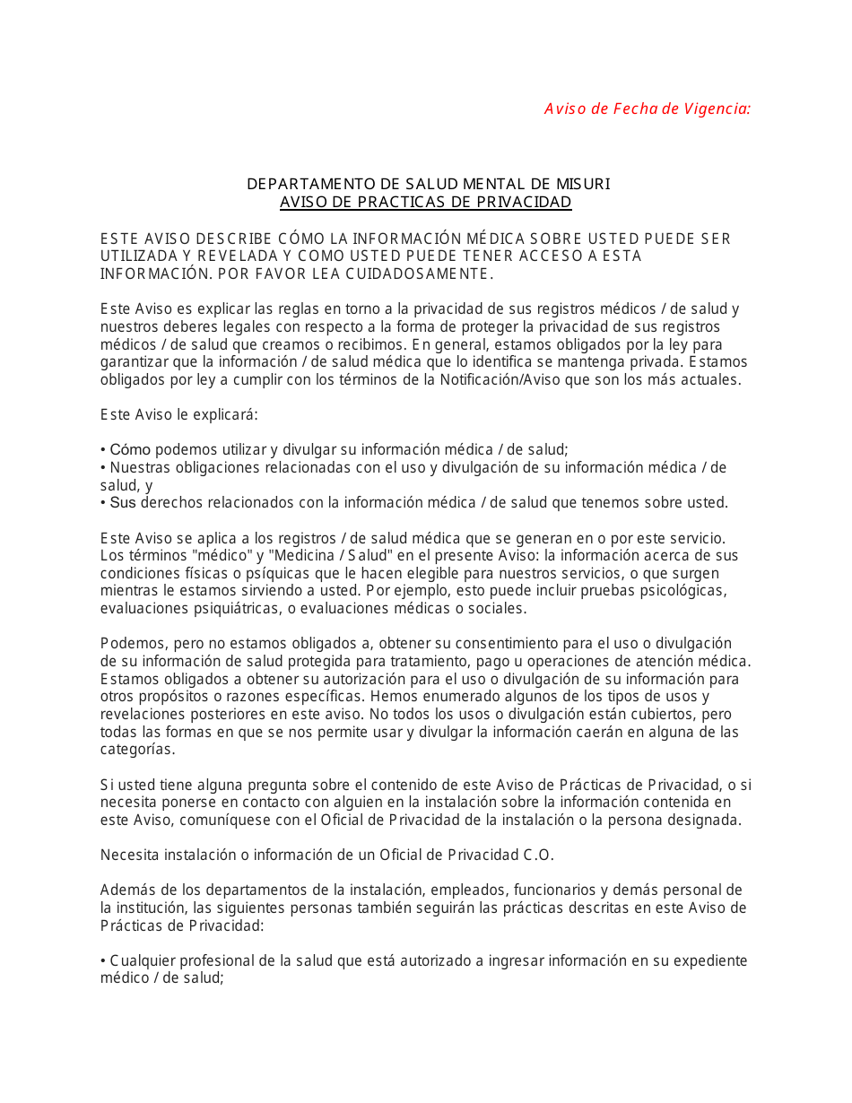 Aviso De Practicas De Privacidad Portada De Reconocimiento - Missouri (Spanish), Page 2