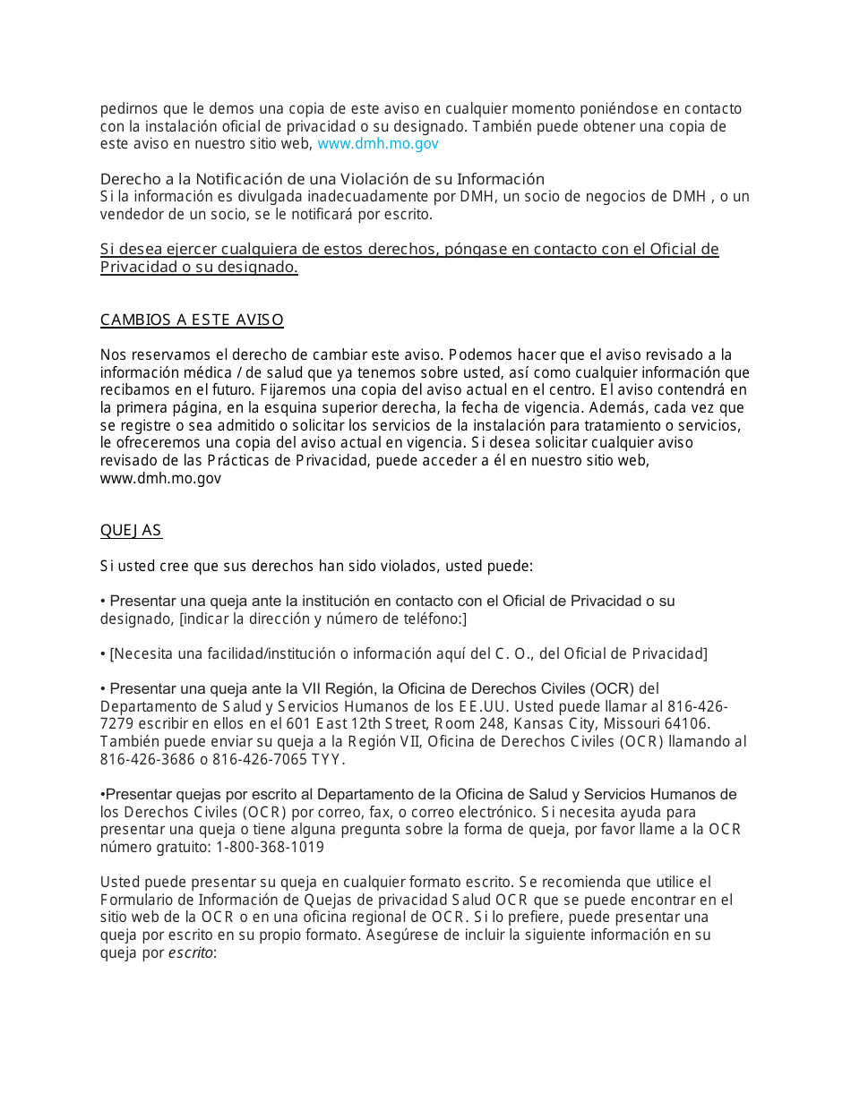 Aviso De Practicas De Privacidad Portada De Reconocimiento - Missouri (Spanish), Page 9