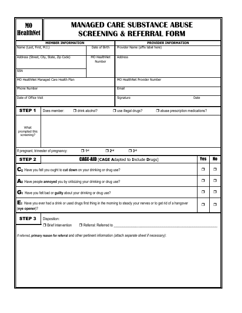 Managed Care Substance Abuse Screening and Referral Form - Missouri Download Pdf