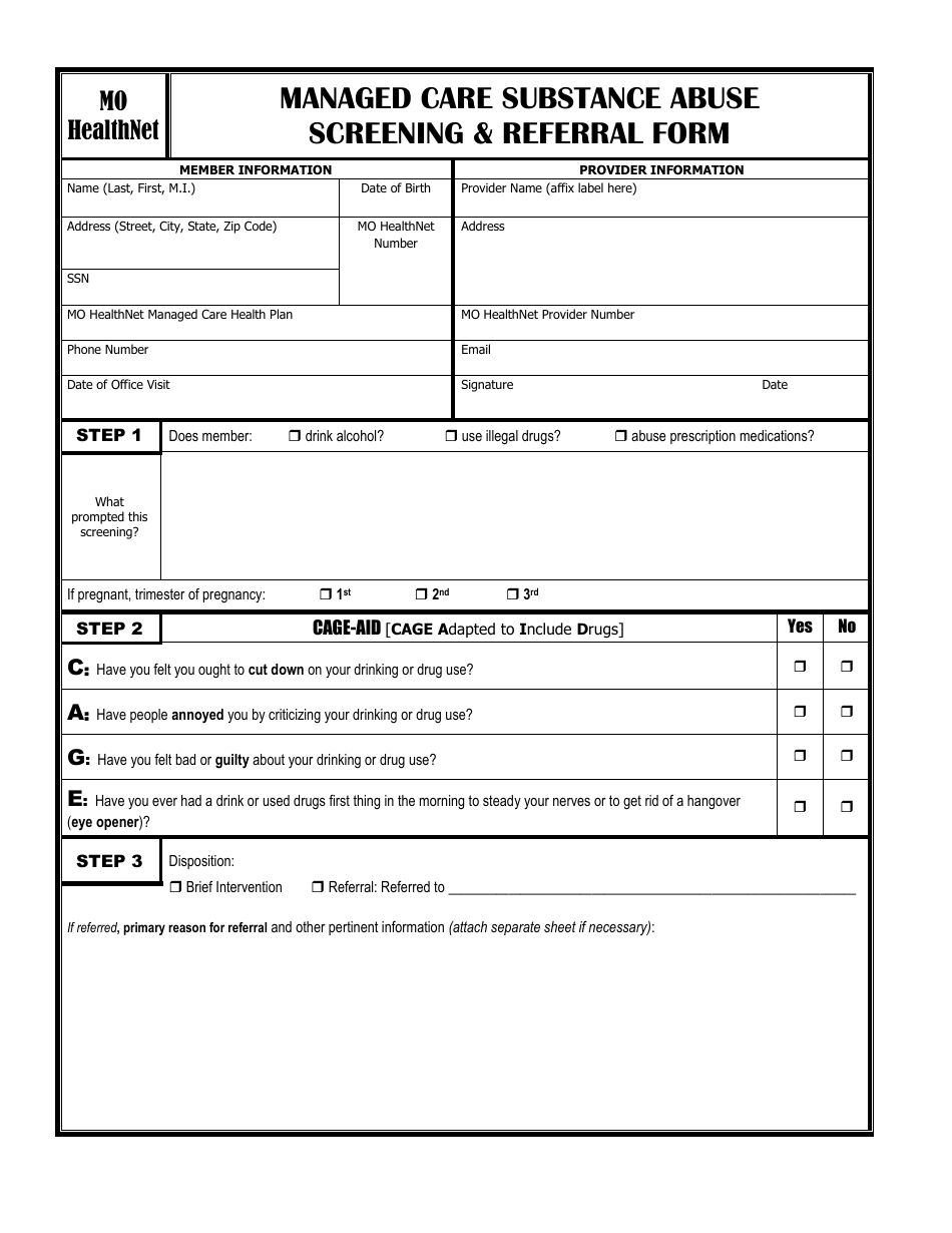 Managed Care Substance Abuse Screening and Referral Form - Missouri, Page 1