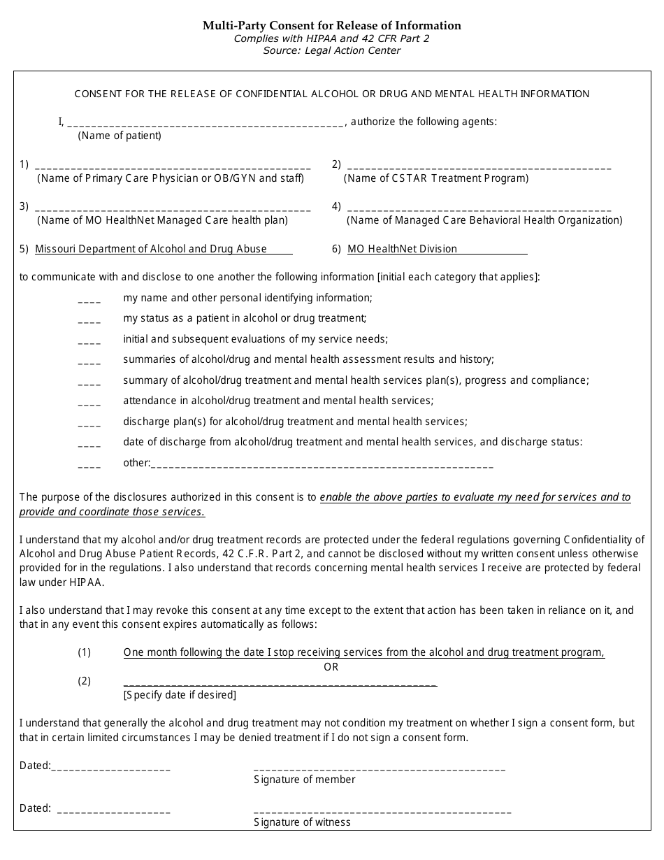 Missouri Multi Party Consent For Release Of Information Download Printable Pdf Templateroller