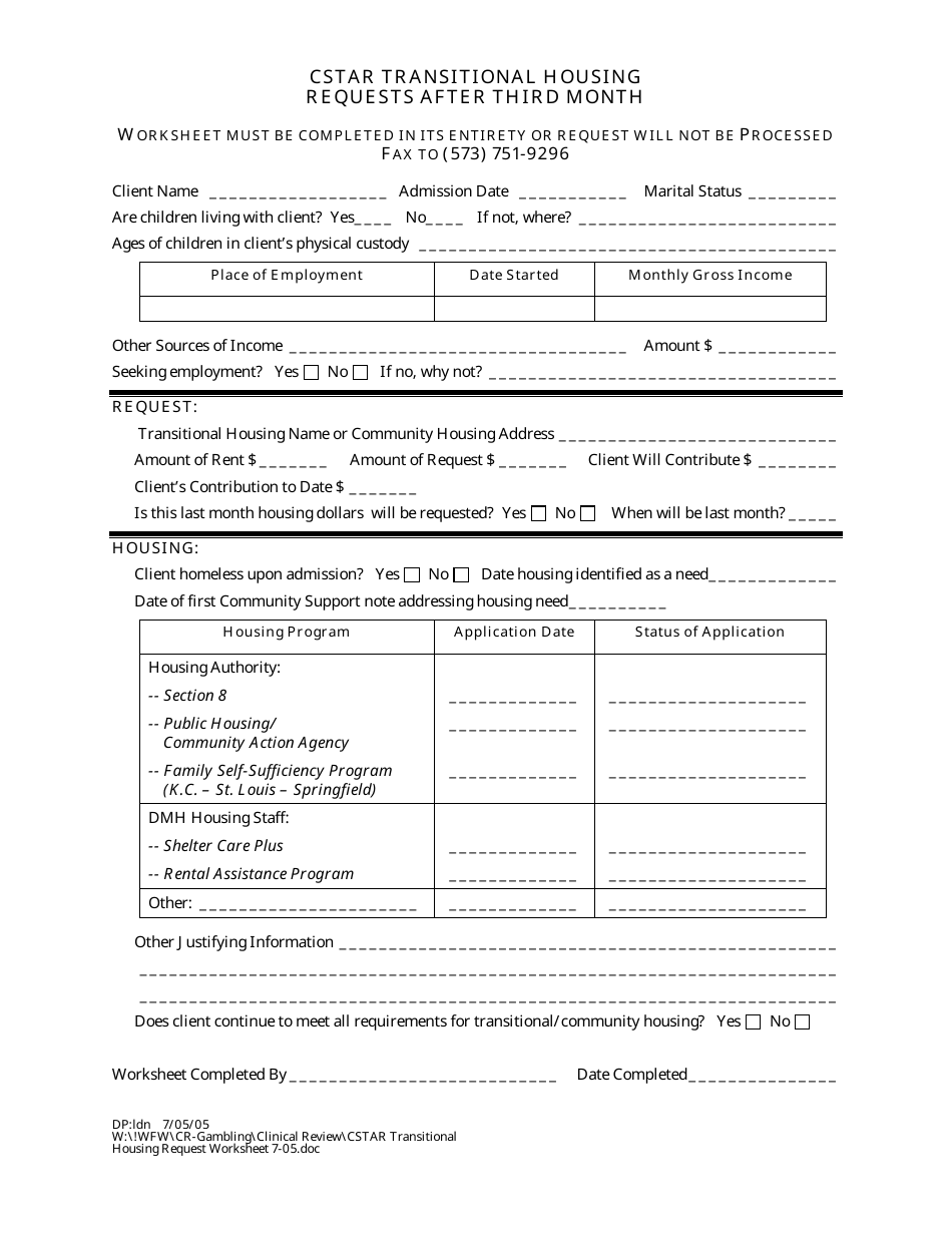 Cstar Transitional Housing Requests After Third Month - Missouri, Page 1
