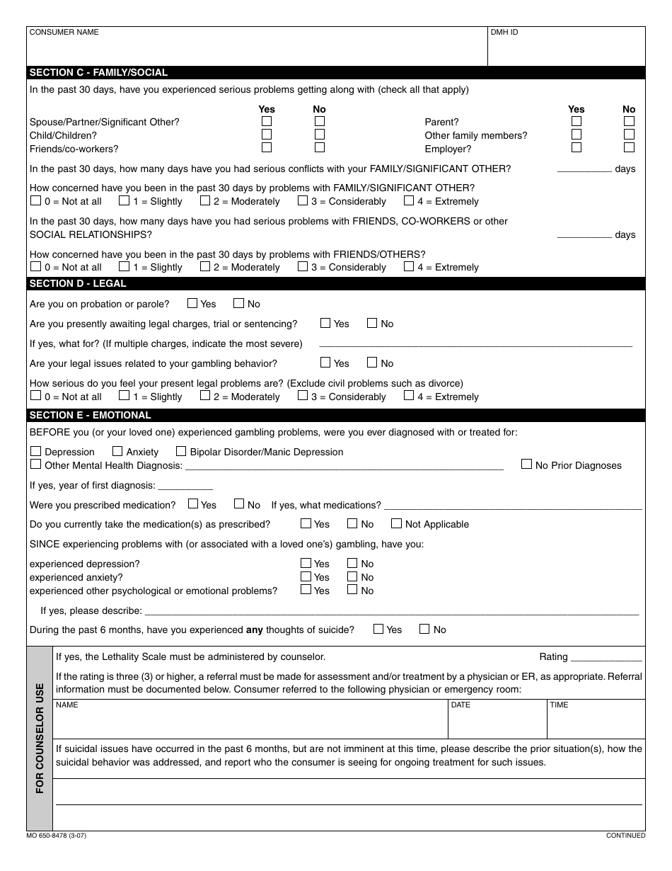 Form MO650-8478 Compulsive Gambling Treatment Status and Outcomes Review - Missouri, Page 2