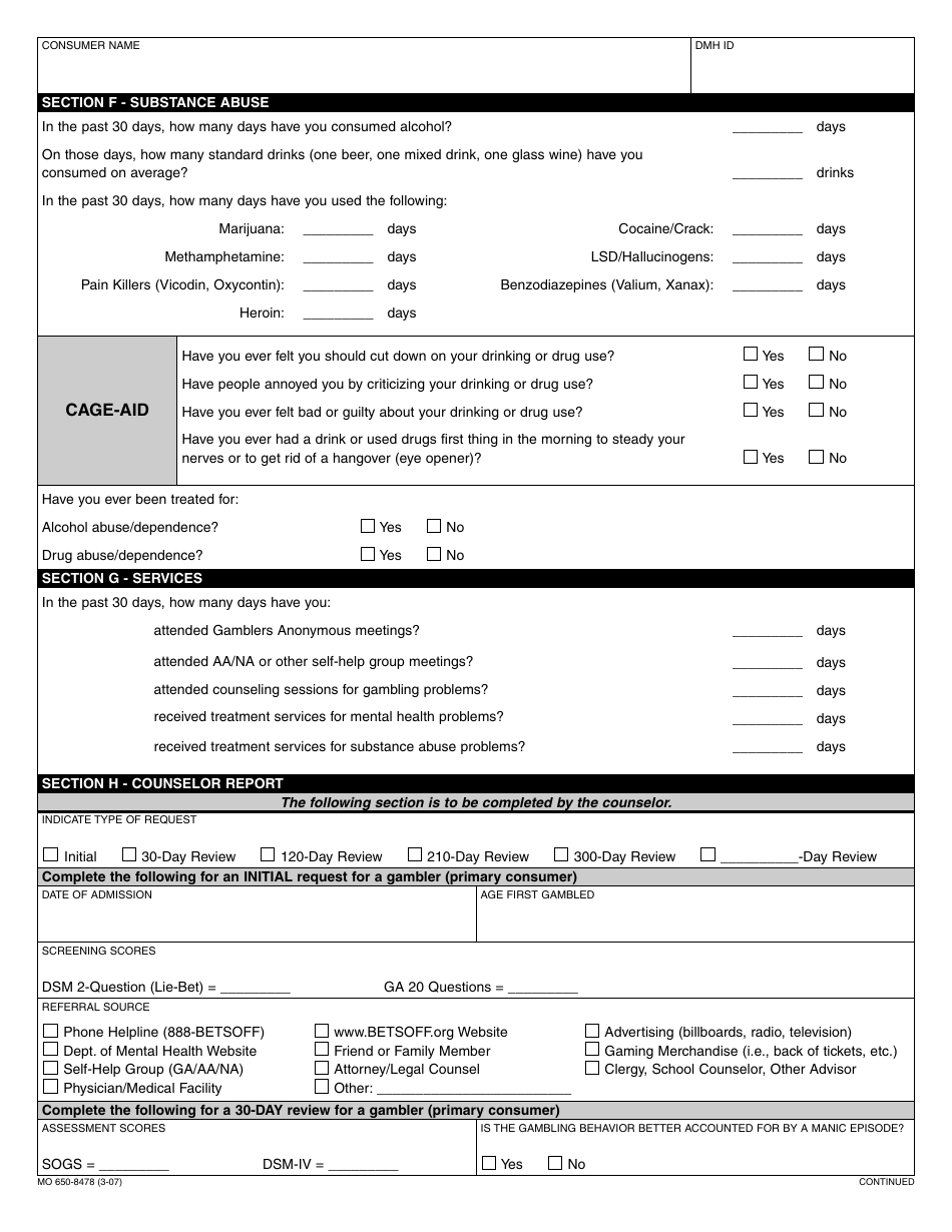 Form MO650-8478 Compulsive Gambling Treatment Status and Outcomes Review - Missouri, Page 3