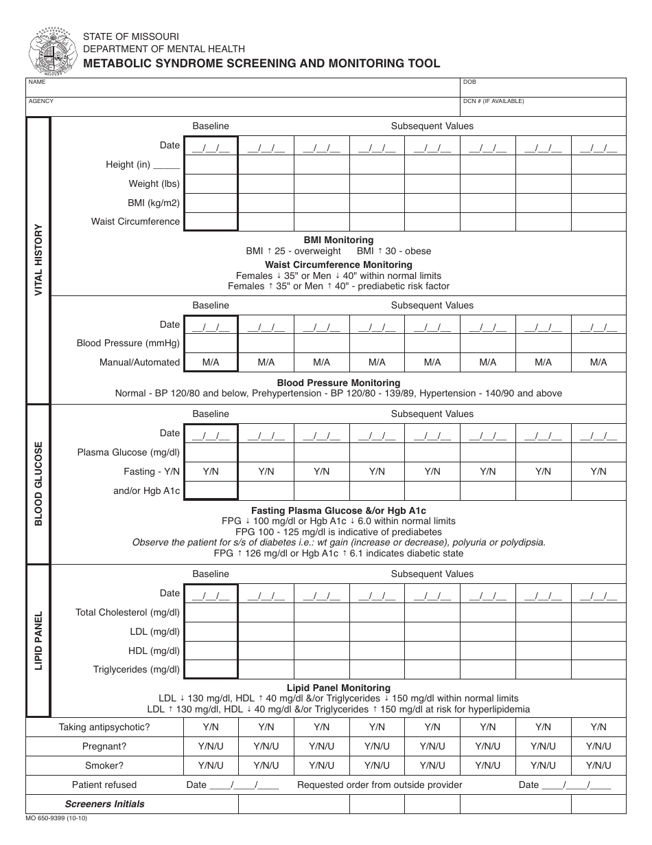 Form MO650-9399 Metabolic Syndrome Screening and Monitoring Tool - Missouri, Page 1