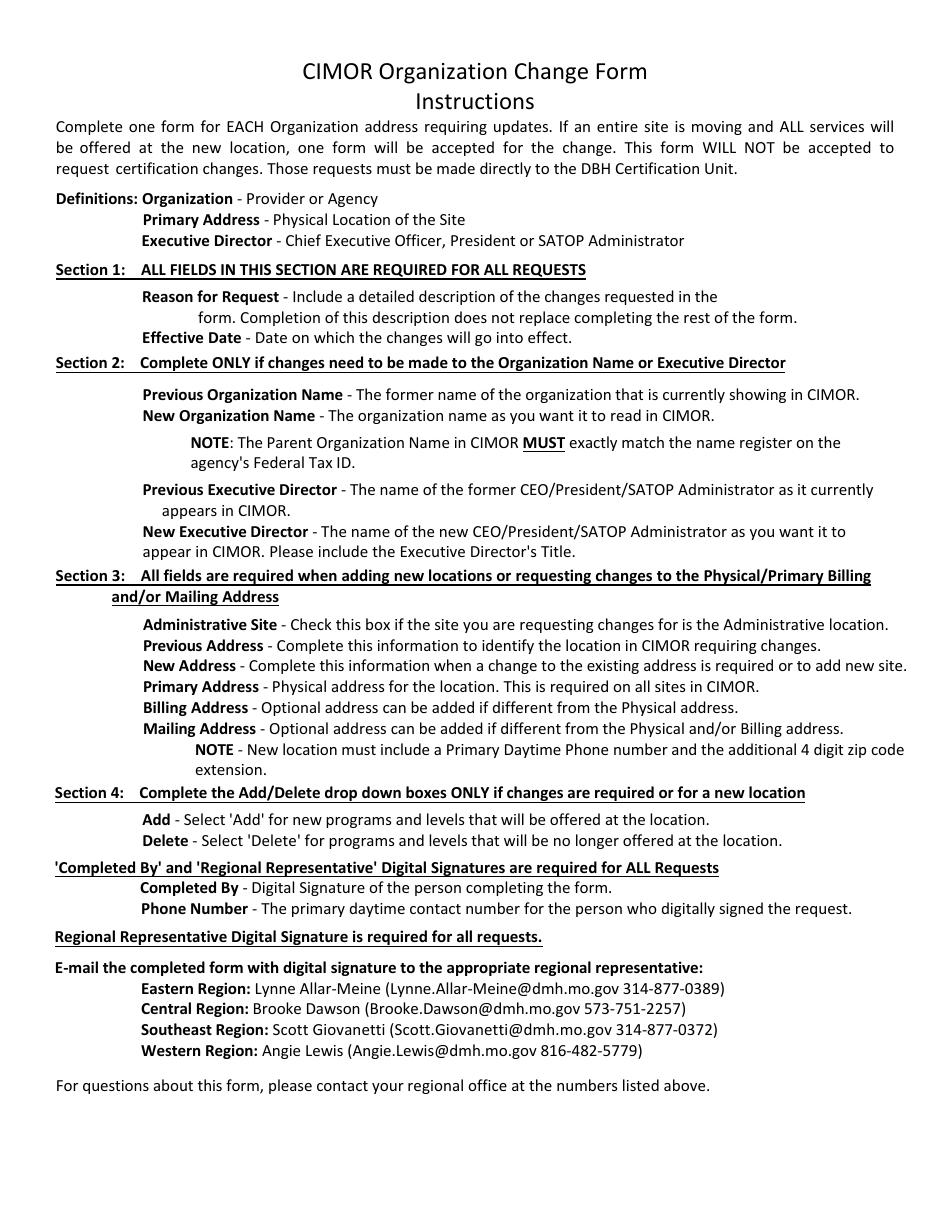 Cimor Organization Change Form - Missouri, Page 1