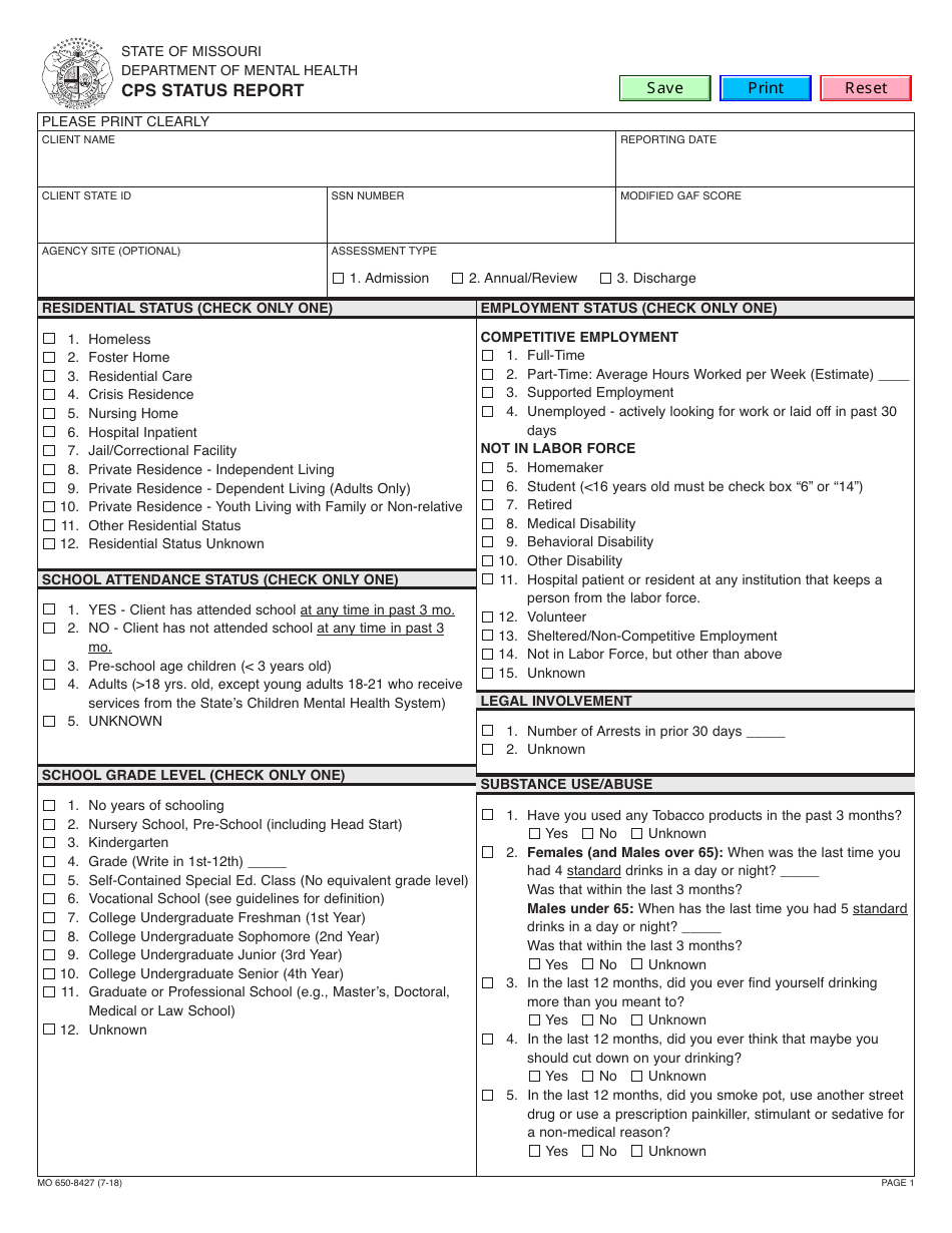 Form MO650-8427 Cps Status Report - Missouri, Page 1