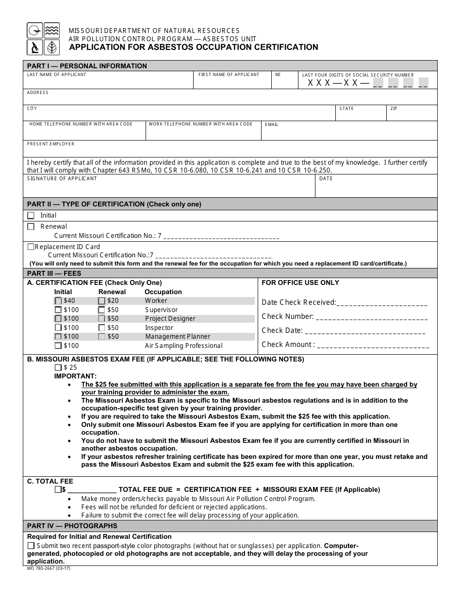 Form MO780-2667 Application for Asbestos Occupation Certification - Missouri, Page 1