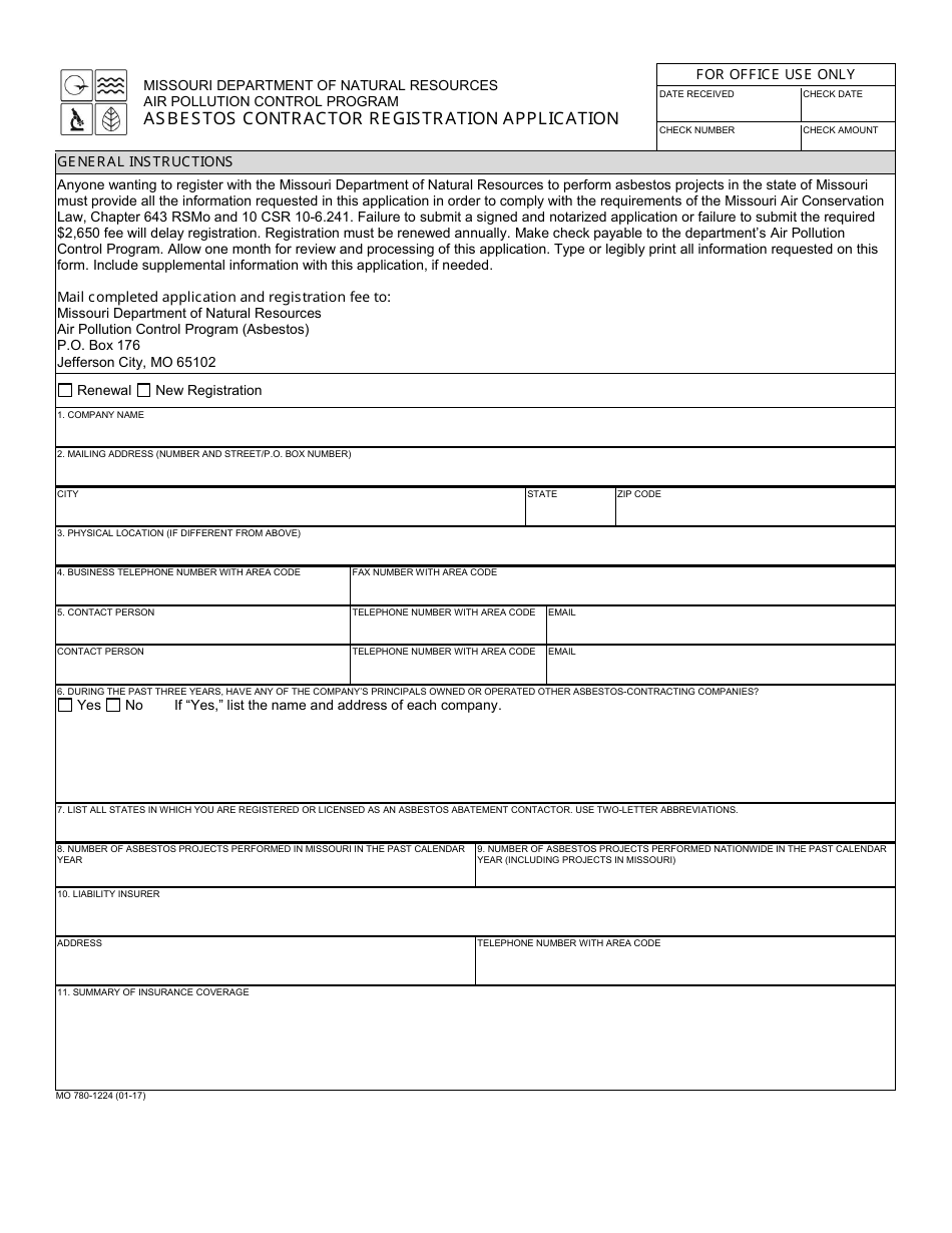 Form MO780-1224 Asbestos Contractor Registration Application - Missouri, Page 1