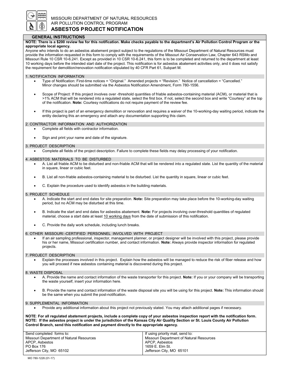 Form MO780-1226 Asbestos Project Notification - Missouri, Page 1