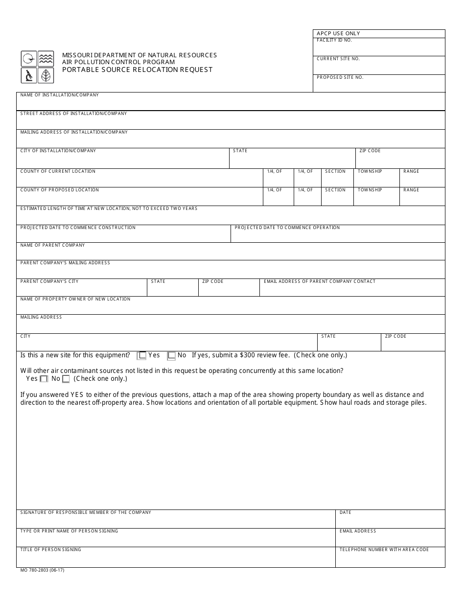 Form MO780-2803 Portable Source Relocation Request - Missouri, Page 1