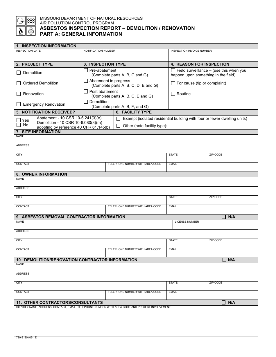 Form 780-2130 Asbestos Inspection Report - Demolition / Renovation - Missouri, Page 1