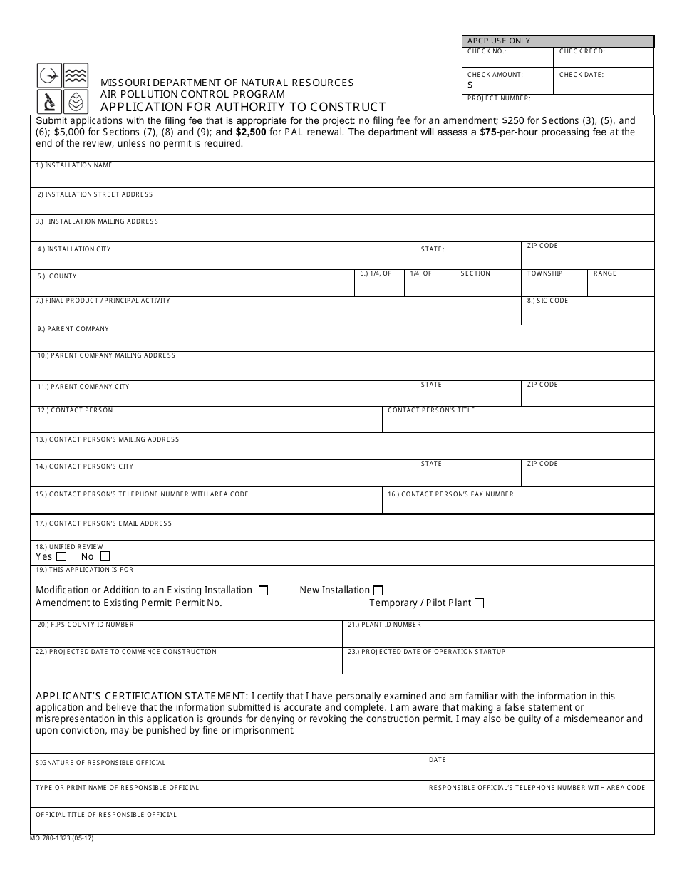 Form MO780-1323 Application for Authority to Construct - Missouri, Page 1