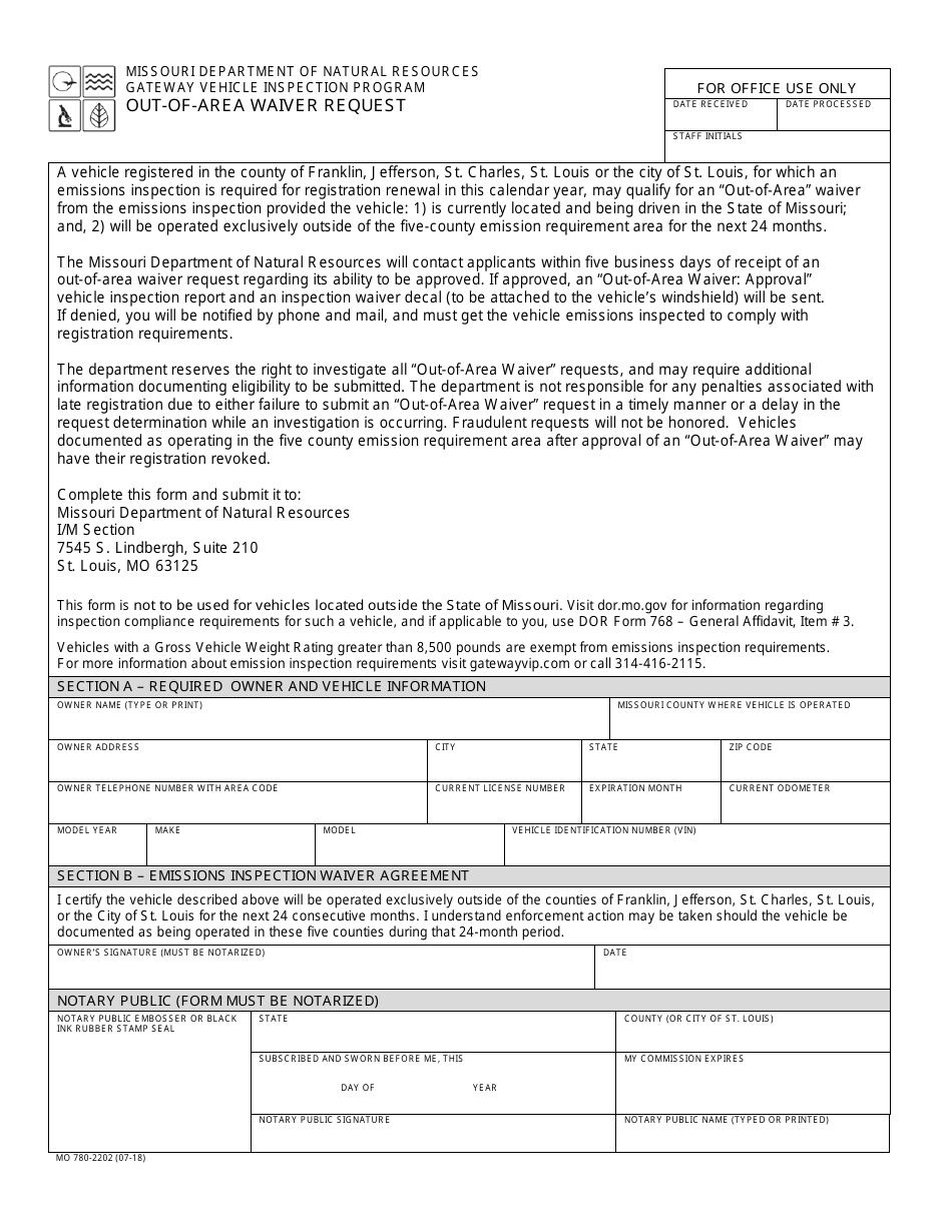 Form MO780-2202 Out-Of-Area Waiver Request - Missouri, Page 1