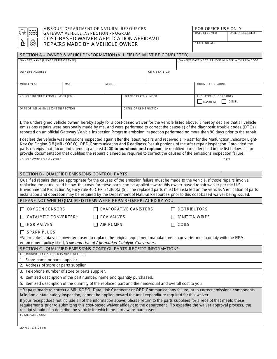 Form MO780-1973 Cost-Based Waiver Application Affidavit - Repairs Made by a Vehicle Owner - Missouri, Page 1