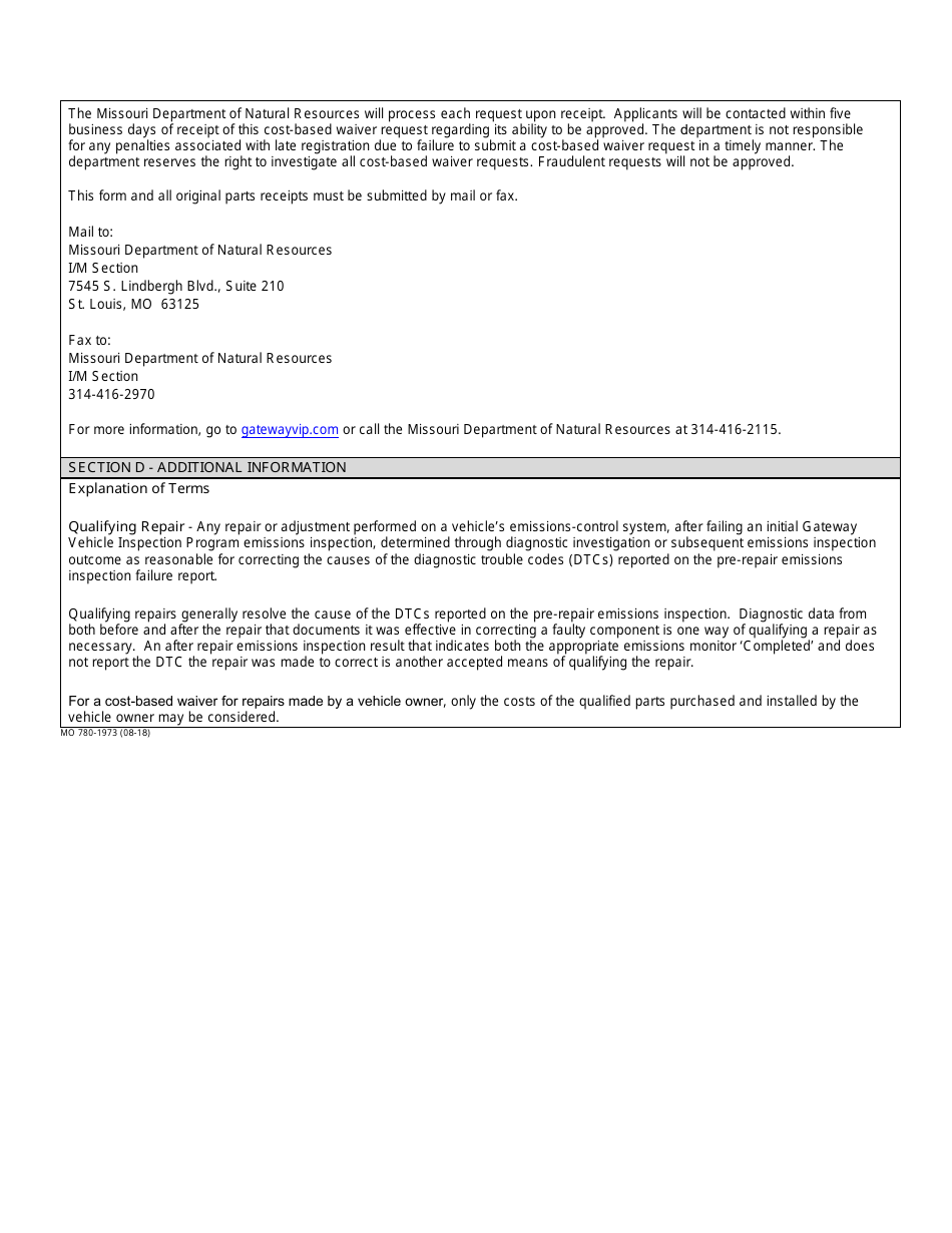 Form MO780-1973 Cost-Based Waiver Application Affidavit - Repairs Made by a Vehicle Owner - Missouri, Page 2